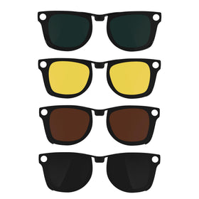 HIBLOKS front view of four clip‑on lenses showing compact storage benefit