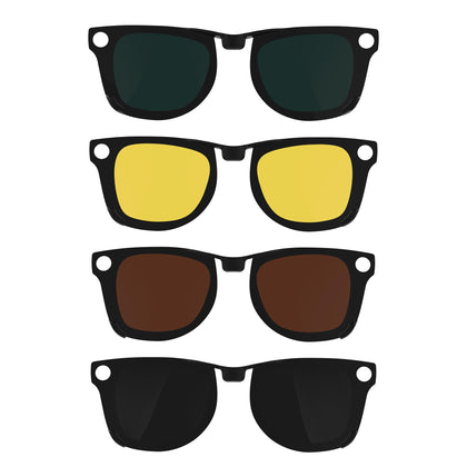 HIBLOKS front view of four clip‑on lenses showing compact storage benefit