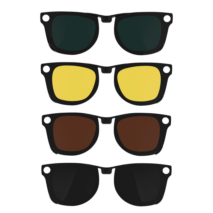 HIBLOKS front view of four clip‑on lenses showing compact storage benefit