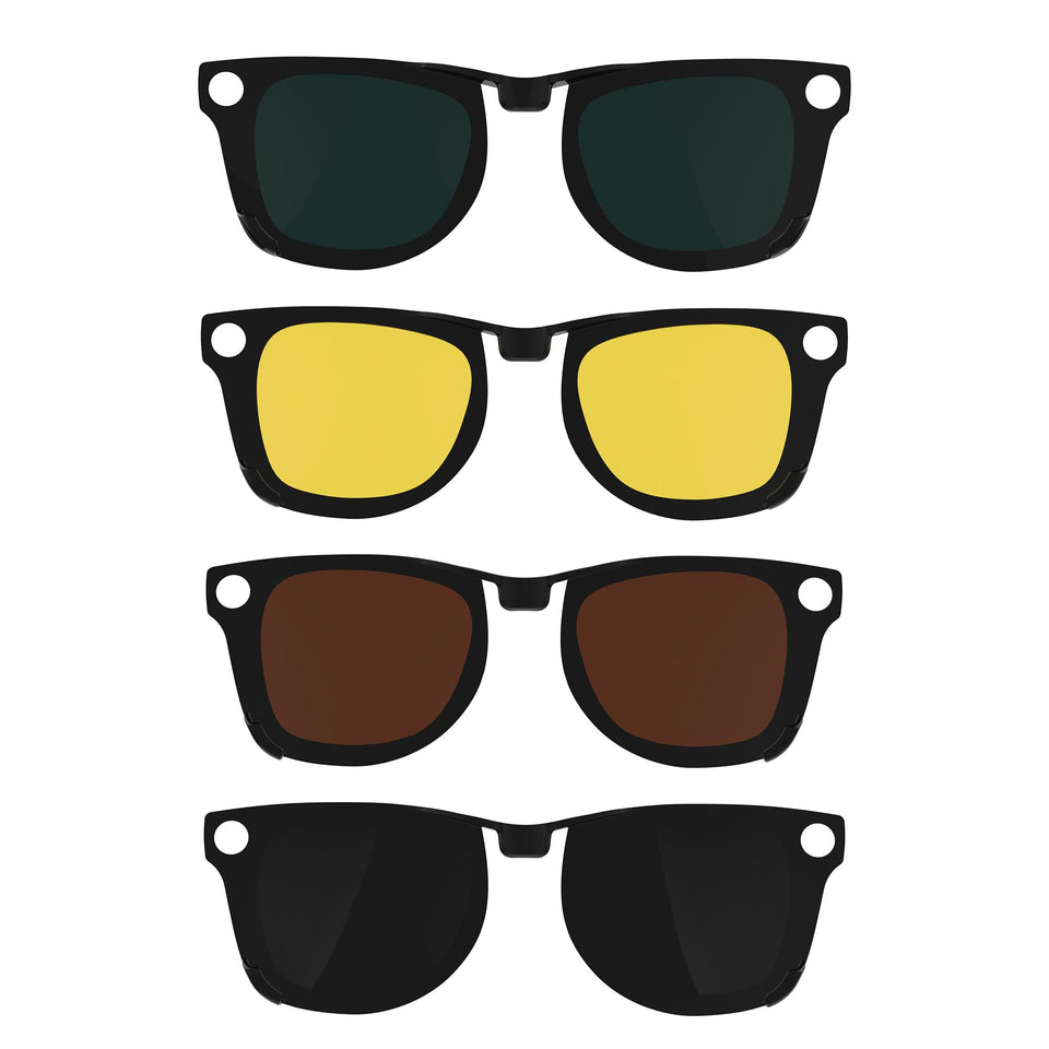 HIBLOKS front view of four clip‑on lenses showing compact storage benefit