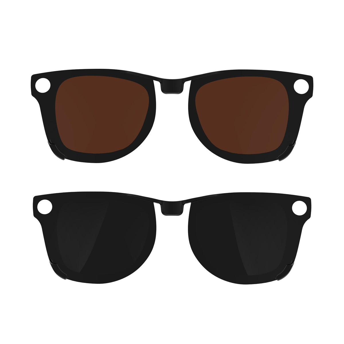 HIBLOKS front view clip-ons on Ray‑Ban showing seamless fit and instant sun protection