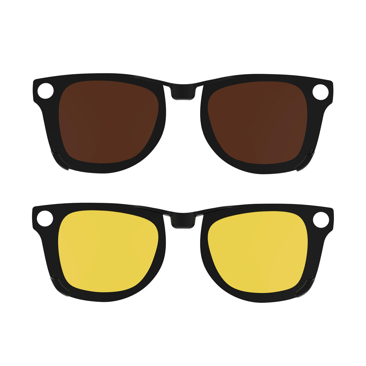HIBLOKS front view clip‑ons on Ray‑Ban Meta Wayfarer showing sleek fit