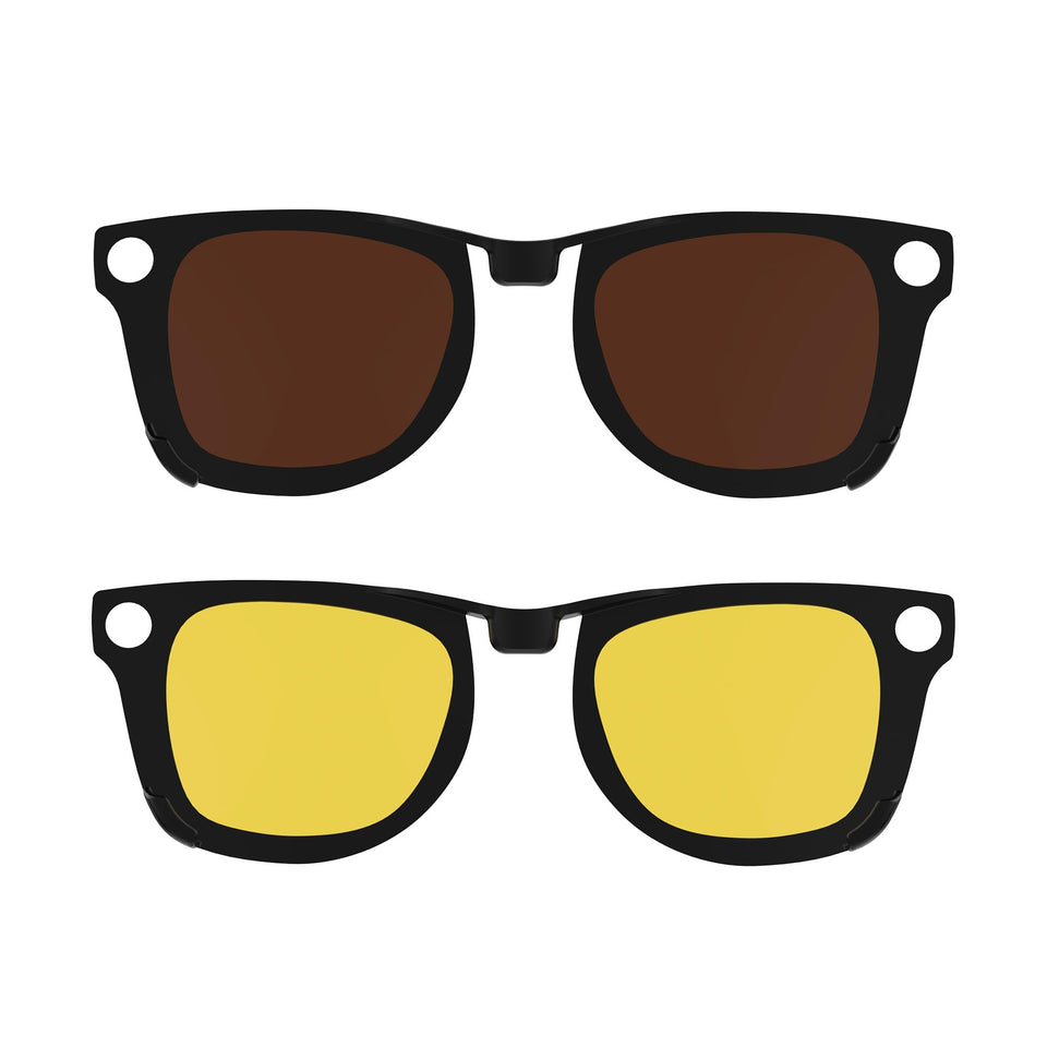 HIBLOKS front view clip‑ons on Ray‑Ban Meta Wayfarer showing sleek fit