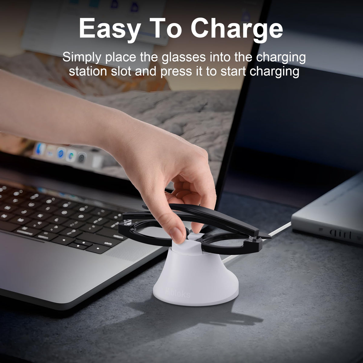 HIBLOKS USB-A port charging case showing simultaneous power for glasses case