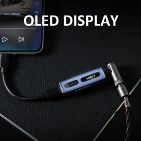 HiBy FC3 OLED display close-up showing sample rate and volume for quick confirmation