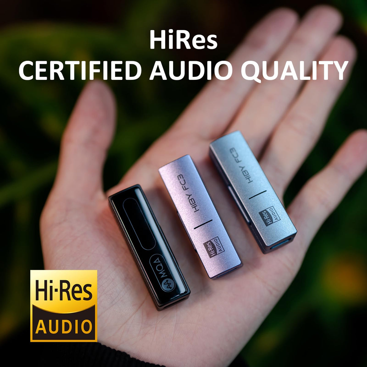 HiBy FC3 connected to iPhone in use showing portable high-res playback benefit