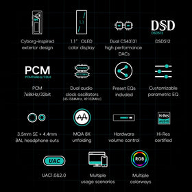 HiBy FC4 OLED close-up displaying sample rate and EQ status for quick monitoring
