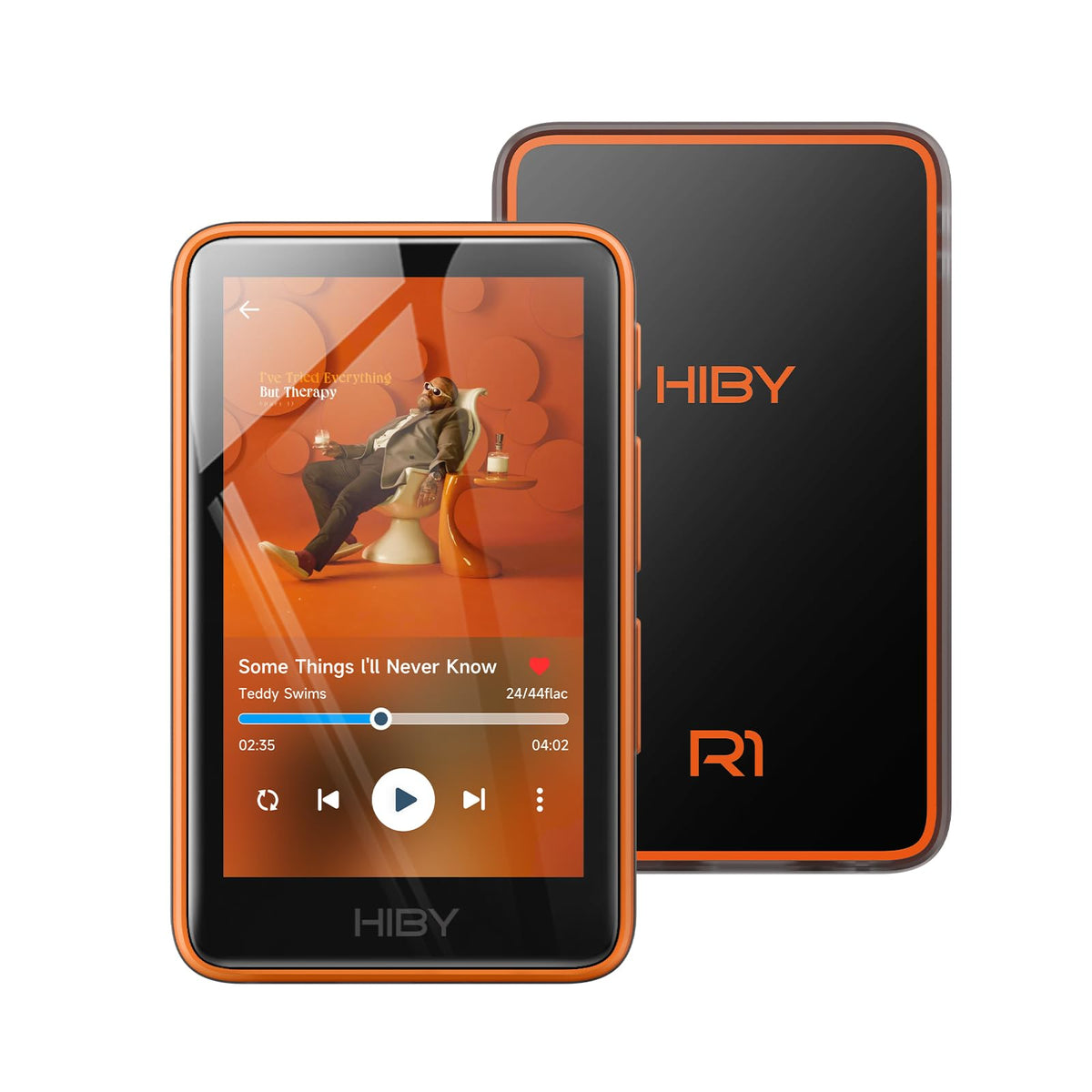 HiBy R1 front view showing compact portable design for on-the-go listening
