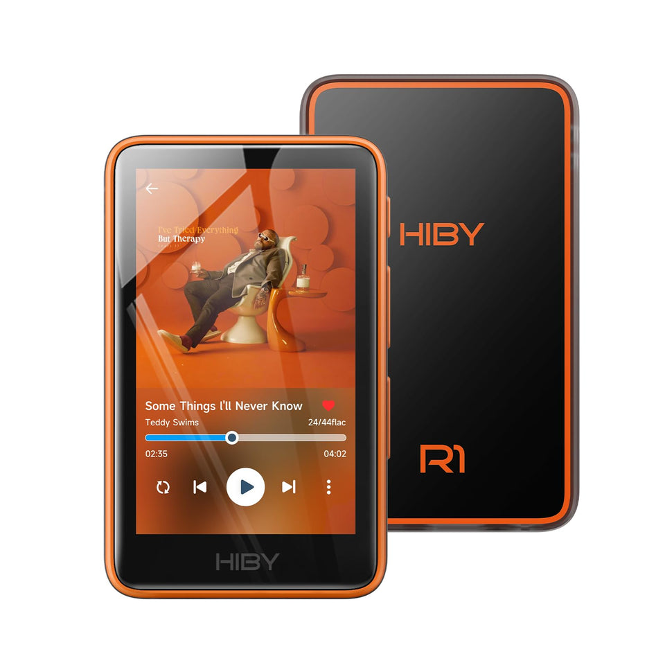 HiBy R1 front view showing compact portable design for on-the-go listening