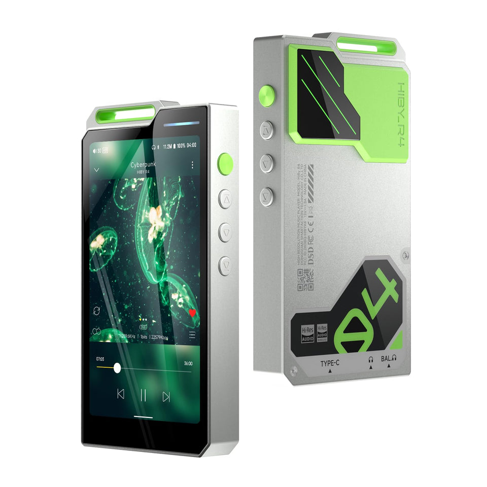 HiBy R4 front panel view with compact design for portable listening.