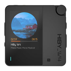 HiBy W4 front panel display showing controls and device status.
