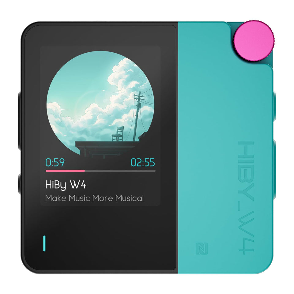 HiBy W4 touchscreen displaying track info for easy control.