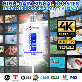 HIDB 25dBi high-gain booster enhances weak broadcasts for sharper 4K HDTV.