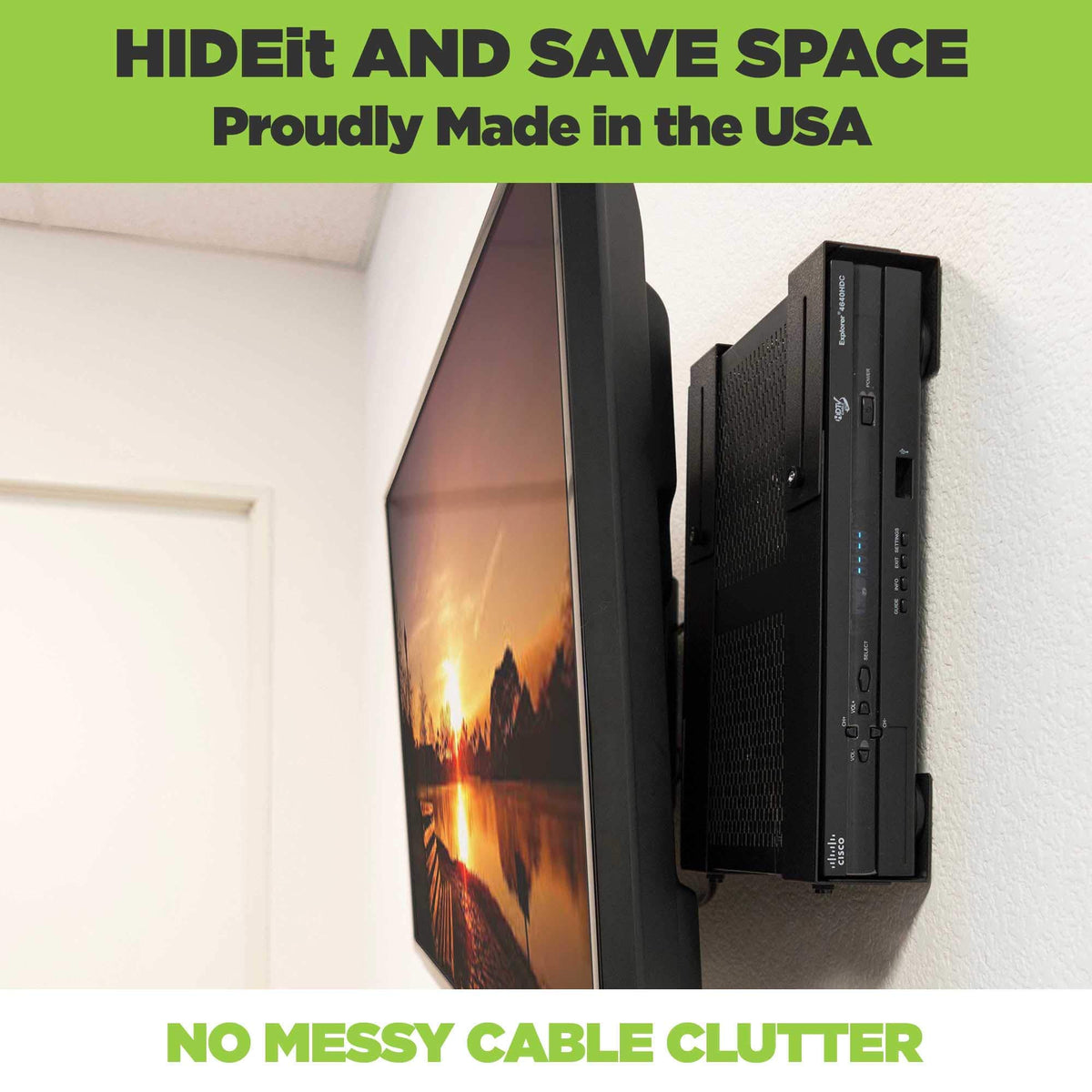 HIDEit Mounts mounted behind a wall TV keeping cables hidden and saving entertainment space