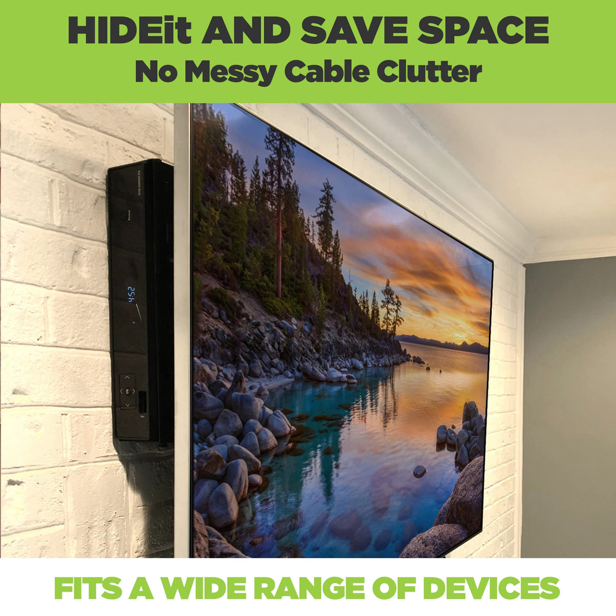 HIDEit Mounts side profile installed behind TV demonstrating low profile