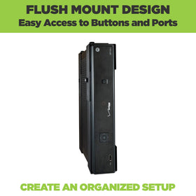 HIDEit Mounts adjustment mechanism and label for easy device fitting