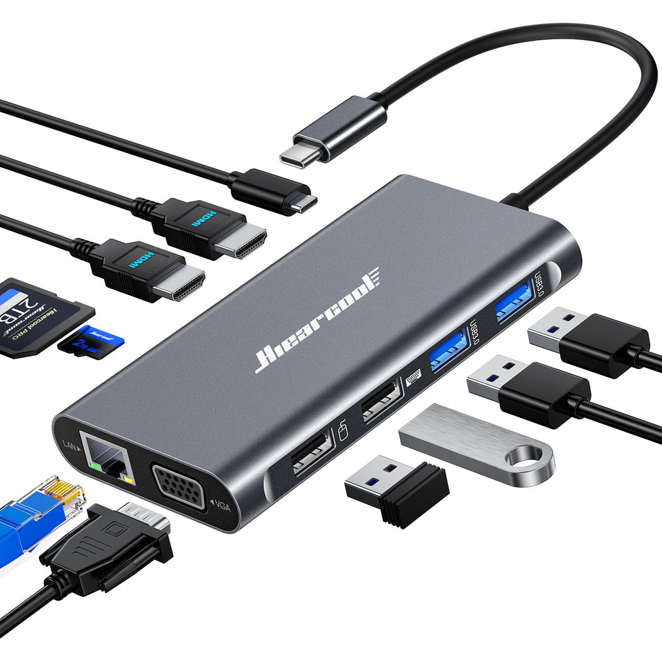 Hiearcool USB-C Docking Station shows triple display setup for desktop productivity.
