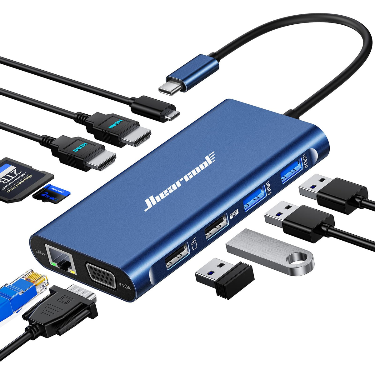 Hiearcool USB-C docking station 11-in-1 expands ports for versatile workstation setup.