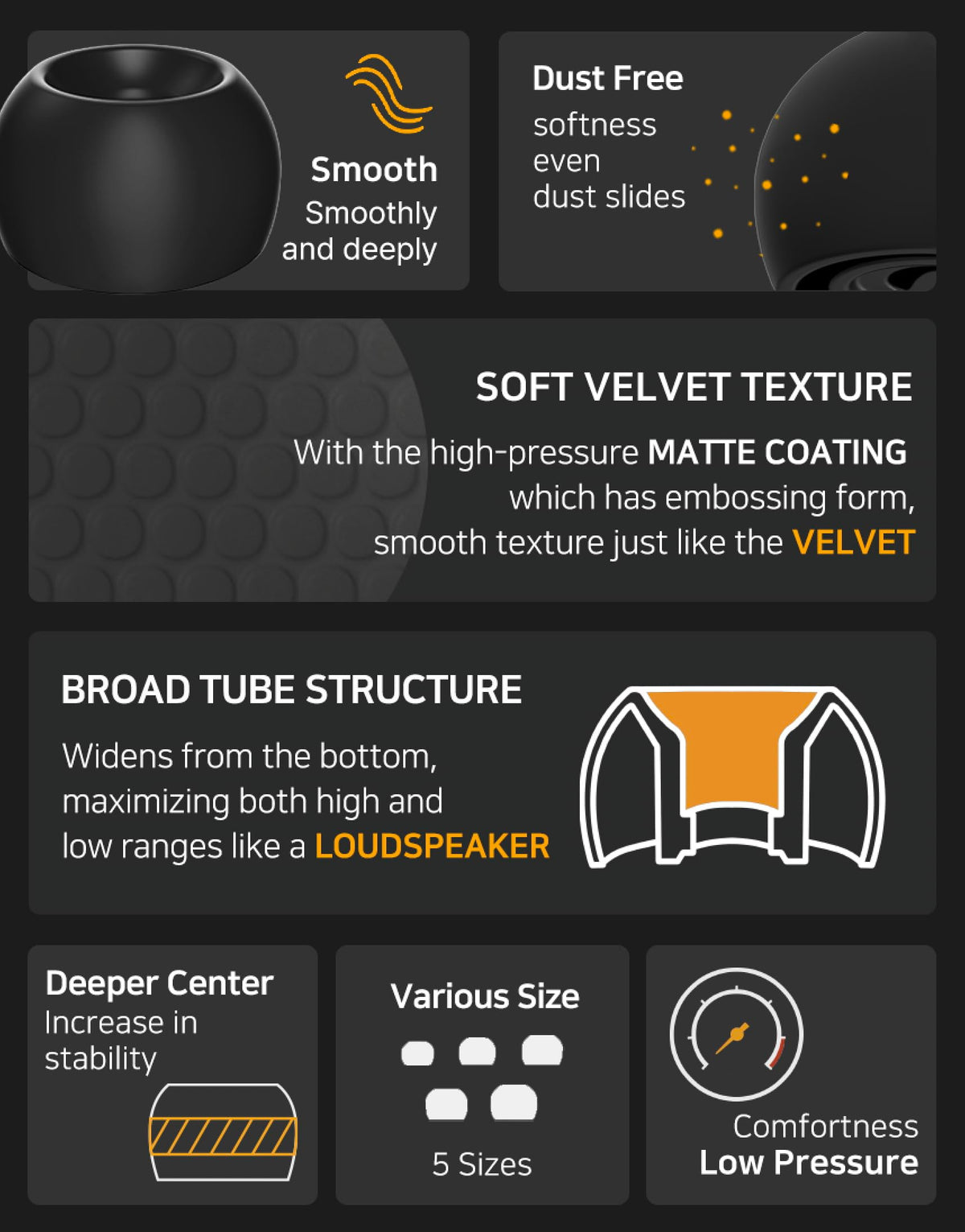 HiFiGo ELOIT Velvet eartips five sizes ensure a comfortable, deep, stable fit