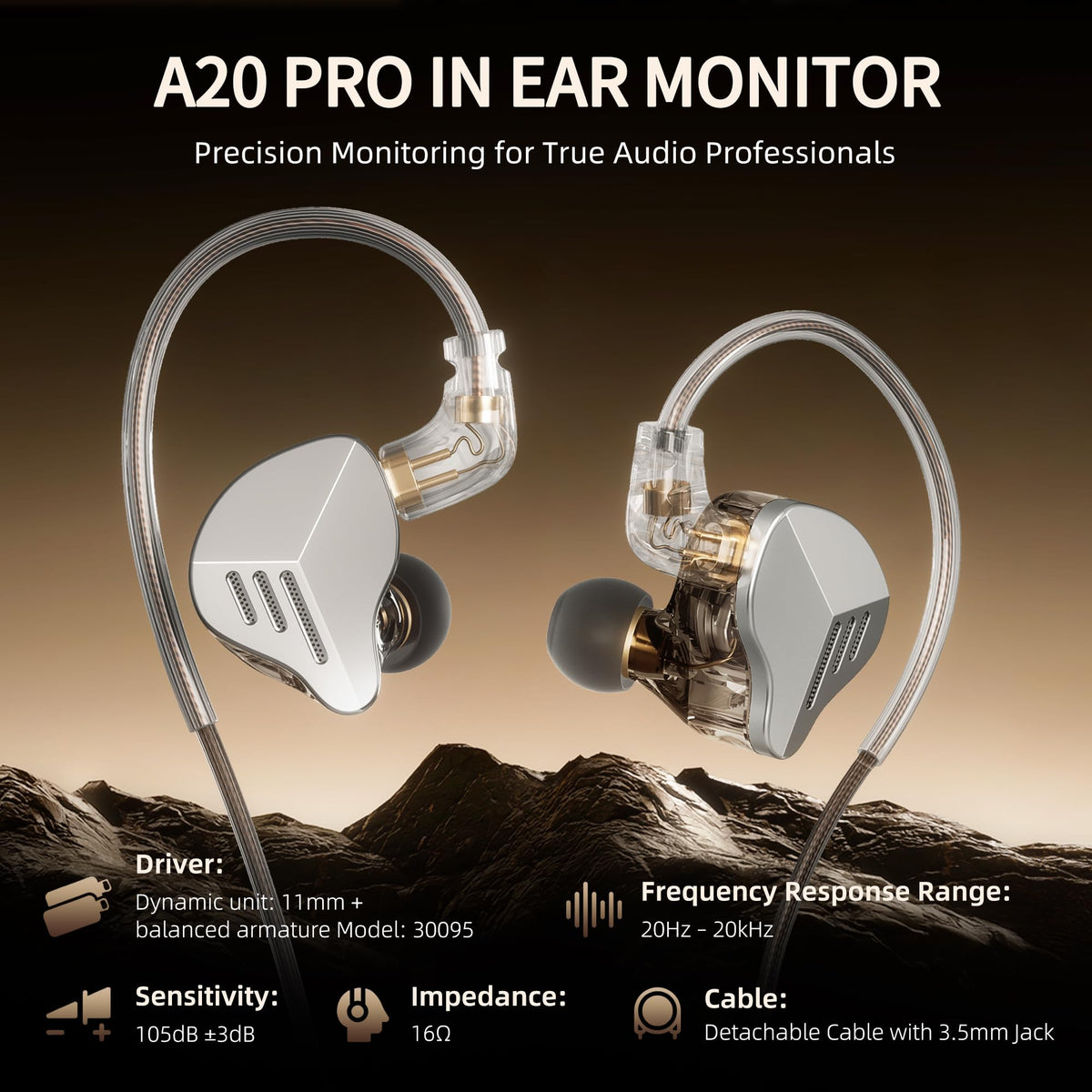 HIFI WALKER A20PRO driver close-up highlighting hybrid 1DD+1BA design for detailed sound