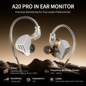 HIFI WALKER A20PRO driver close-up highlighting hybrid 1DD+1BA design for detailed sound