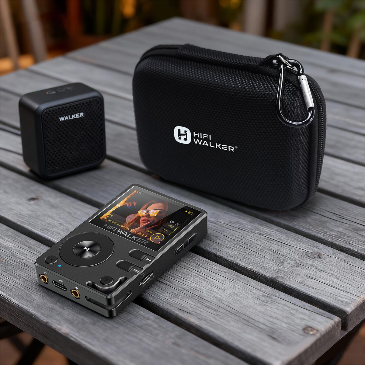 HIFI WALKER case open displaying player, cable, earphones neatly stored
