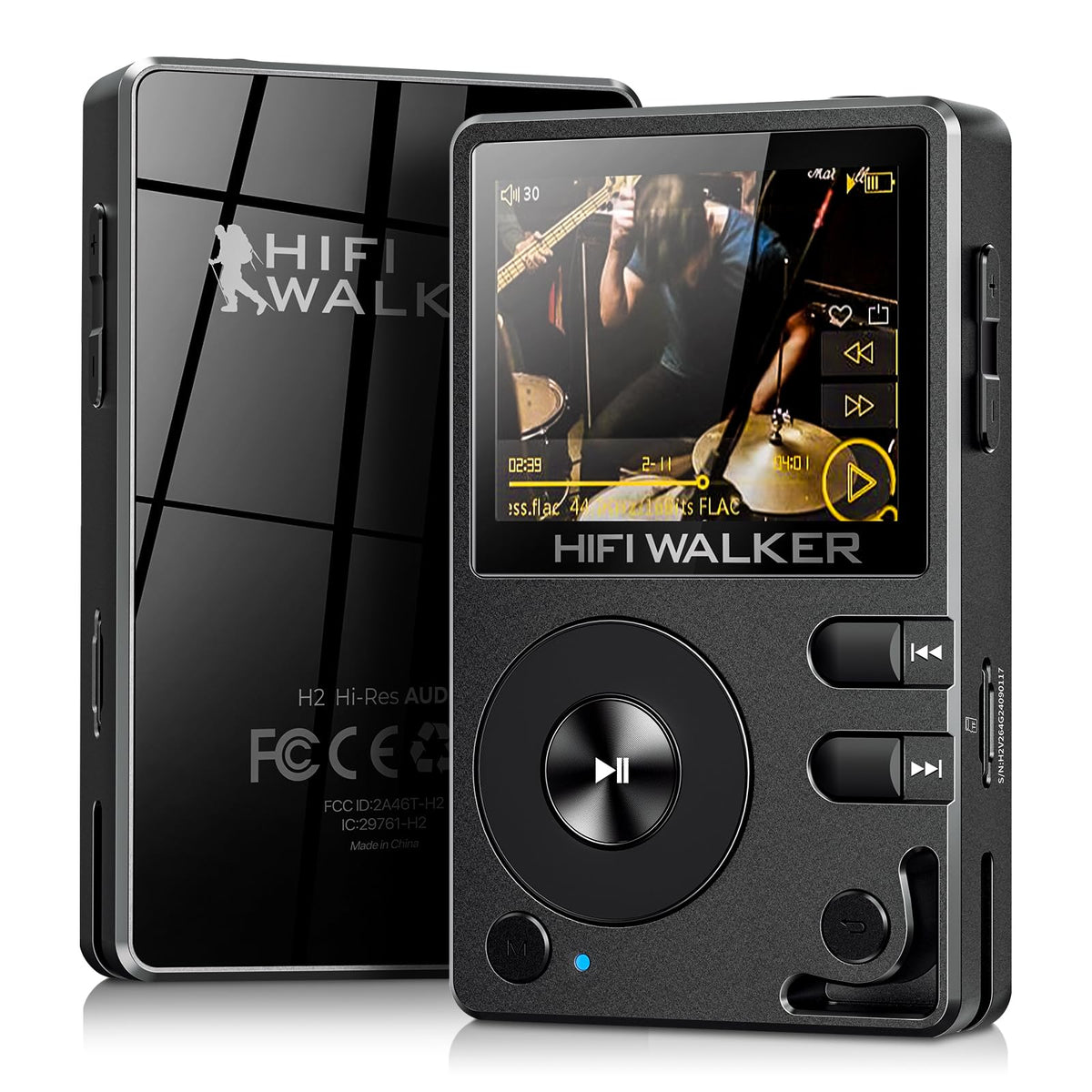 HIFI WALKER H2 front view with sturdy metal body for portable music.