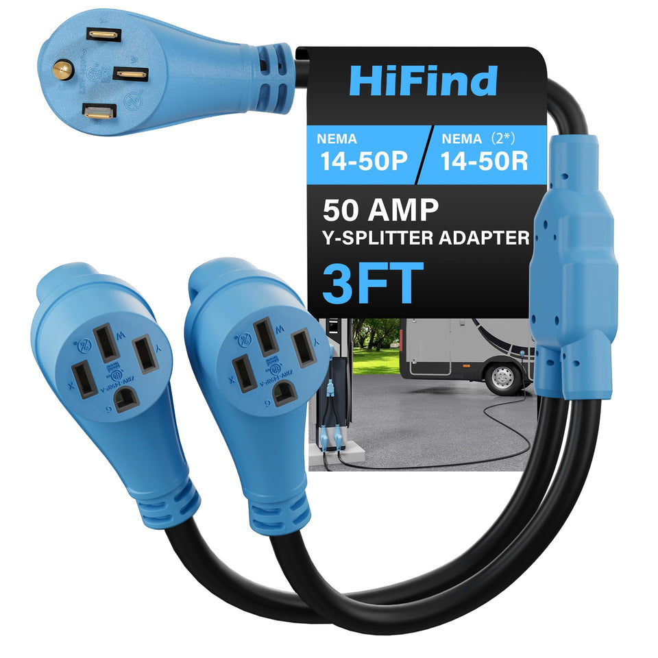 HiFind front view of Y splitter showing dual receptacles and blue plugs for safe sharing