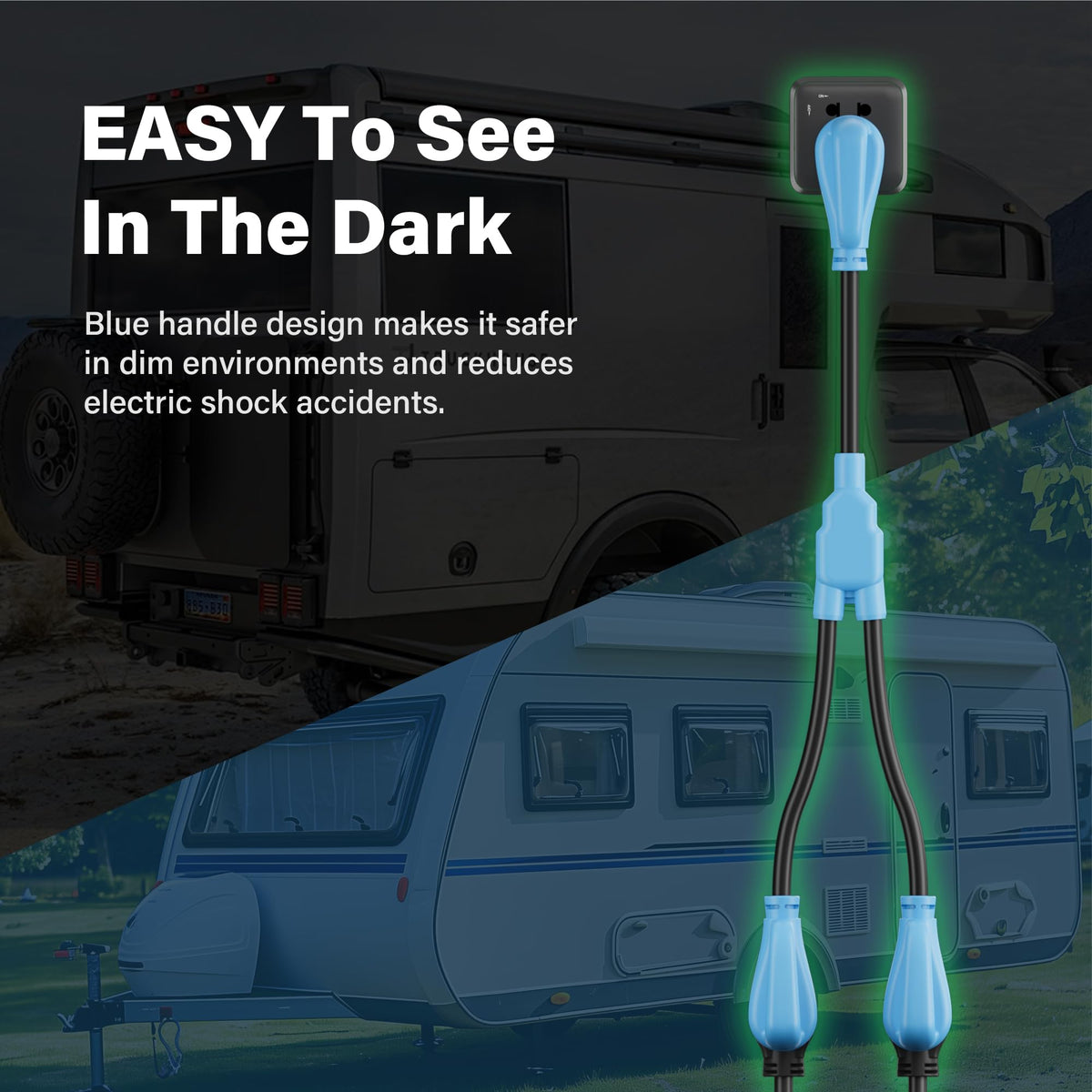 HiFind adapter in use between RV and generator demonstrating convenient power sharing