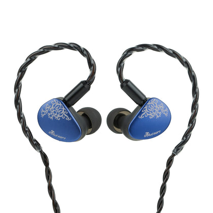 HIFIXAUDIO Cadenza II front view showing blue faceplate and ergonomic fit benefit