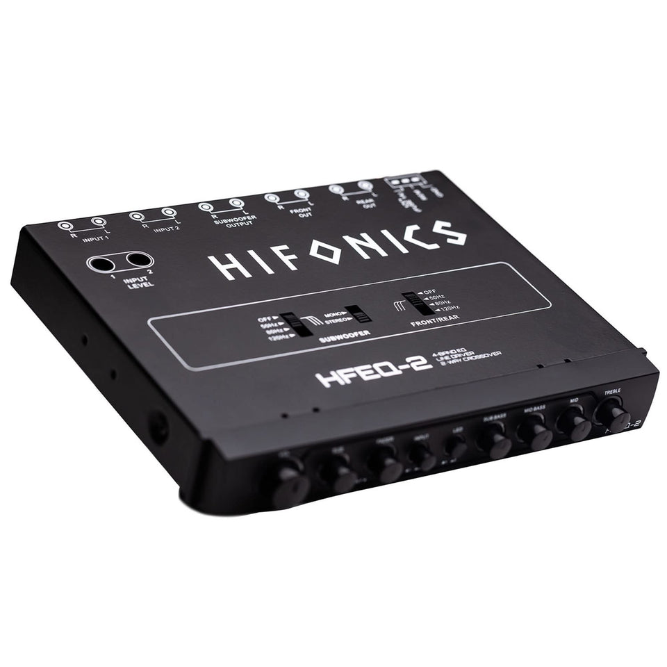 HIFONI HIFONICS CAR EQ front panel showing controls for quick tuning benefit