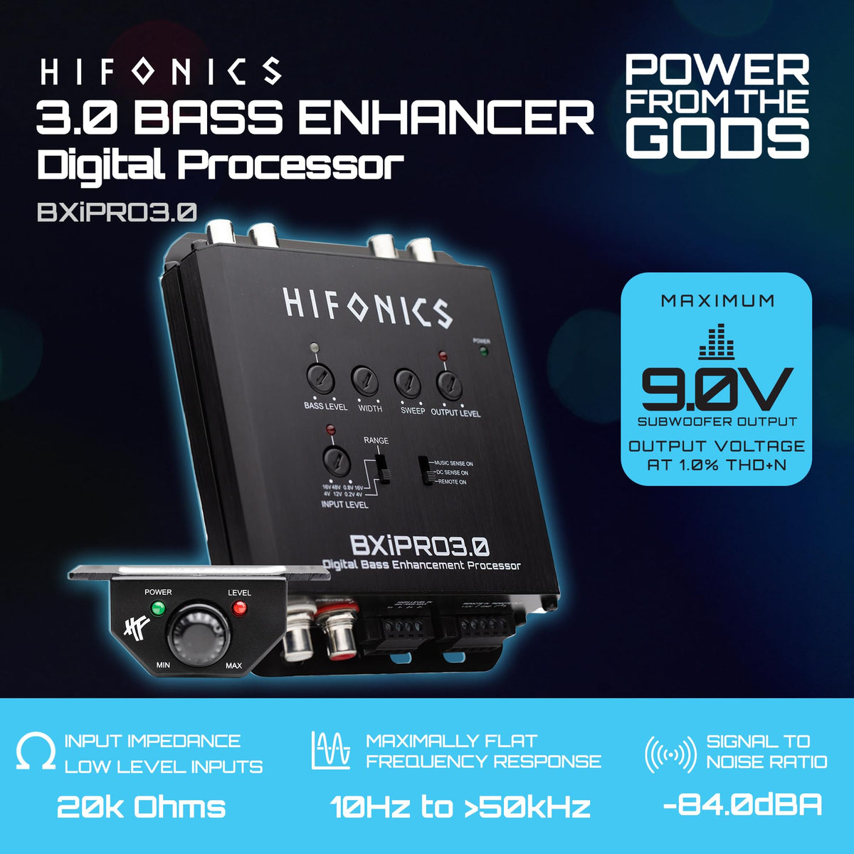 Hifonics BXIPRO3.0 remote control enables on-the-fly bass tweaks.