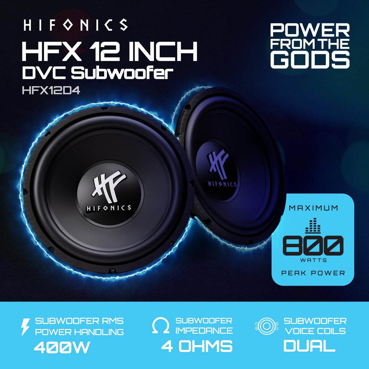 Hifonics HFX12D4 side view highlighting rugged build for durability.