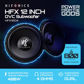 Hifonics HFX12D4 side view highlighting rugged build for durability.