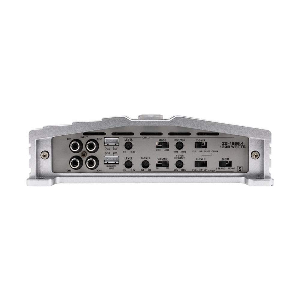 Hifonics Zeus 1200W amp back panel with RCA and high-level inputs for flexible installation.