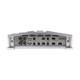 Hifonics Zeus 1200W amp back panel with RCA and high-level inputs for flexible installation.