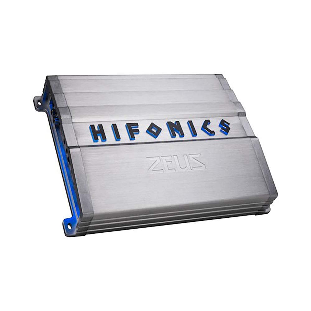 Hifonics Zeus 1200W four-channel amplifier front view showing compact design for easy dash installation.