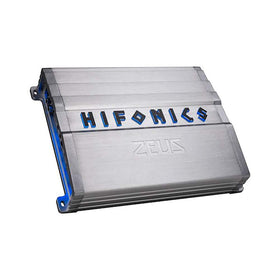Hifonics Zeus 1200W four-channel amplifier front view showing compact design for easy dash installation.