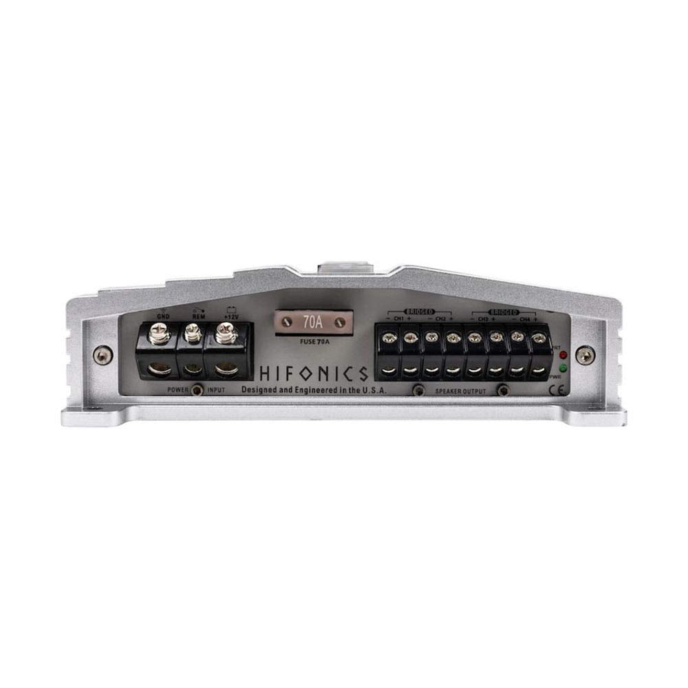 Hifonics Zeus 1200W amp heat sink on aluminum chassis aids heat dissipation.