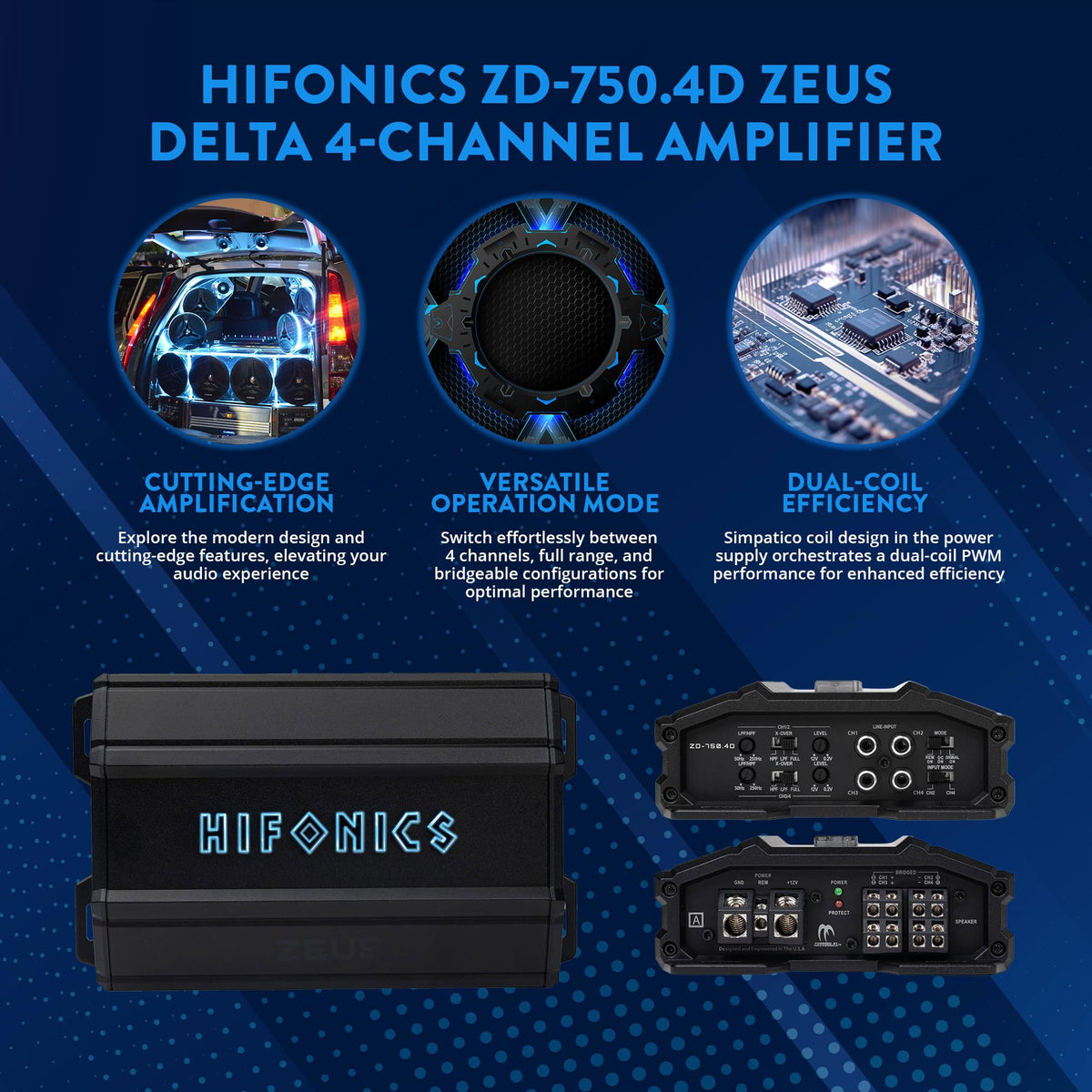 Hifonics Zeus Delta 750W nickel plated RCA inputs emphasizing secure durable connections