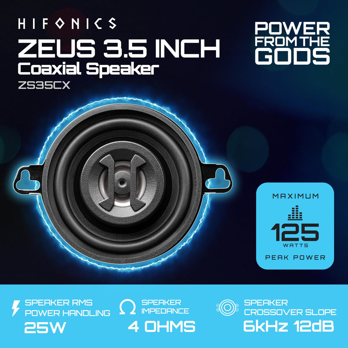 Hifonics Zeus ZS35CX dome tweeter detail highlights Neo-Mylar for clear highs