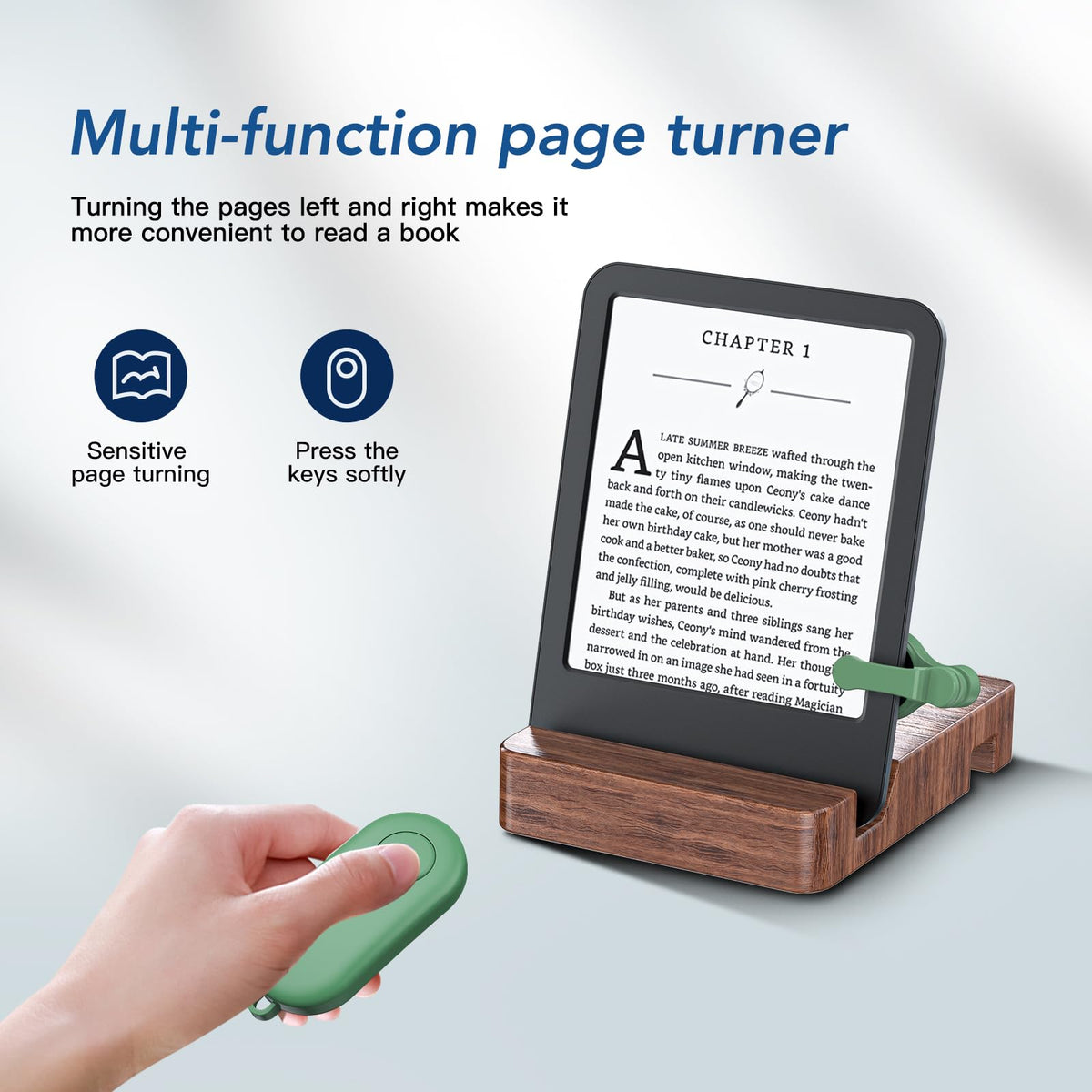 HighGO page-turner clipped on the device during reading session