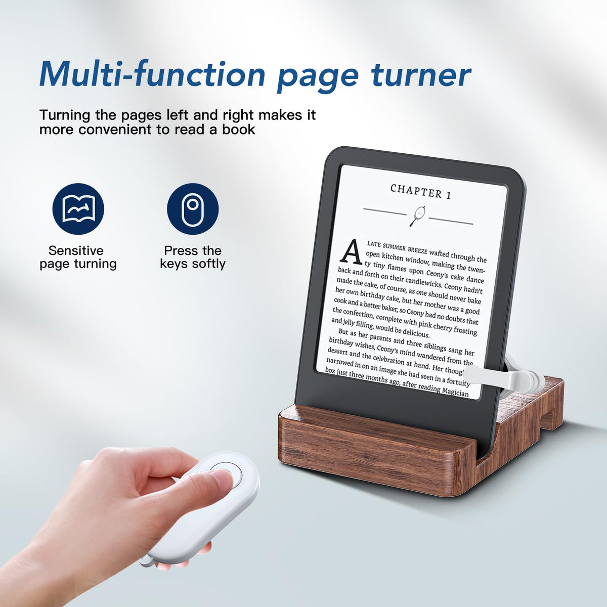 HIGHGO remote page turner shown with tablets for versatile reading across devices.