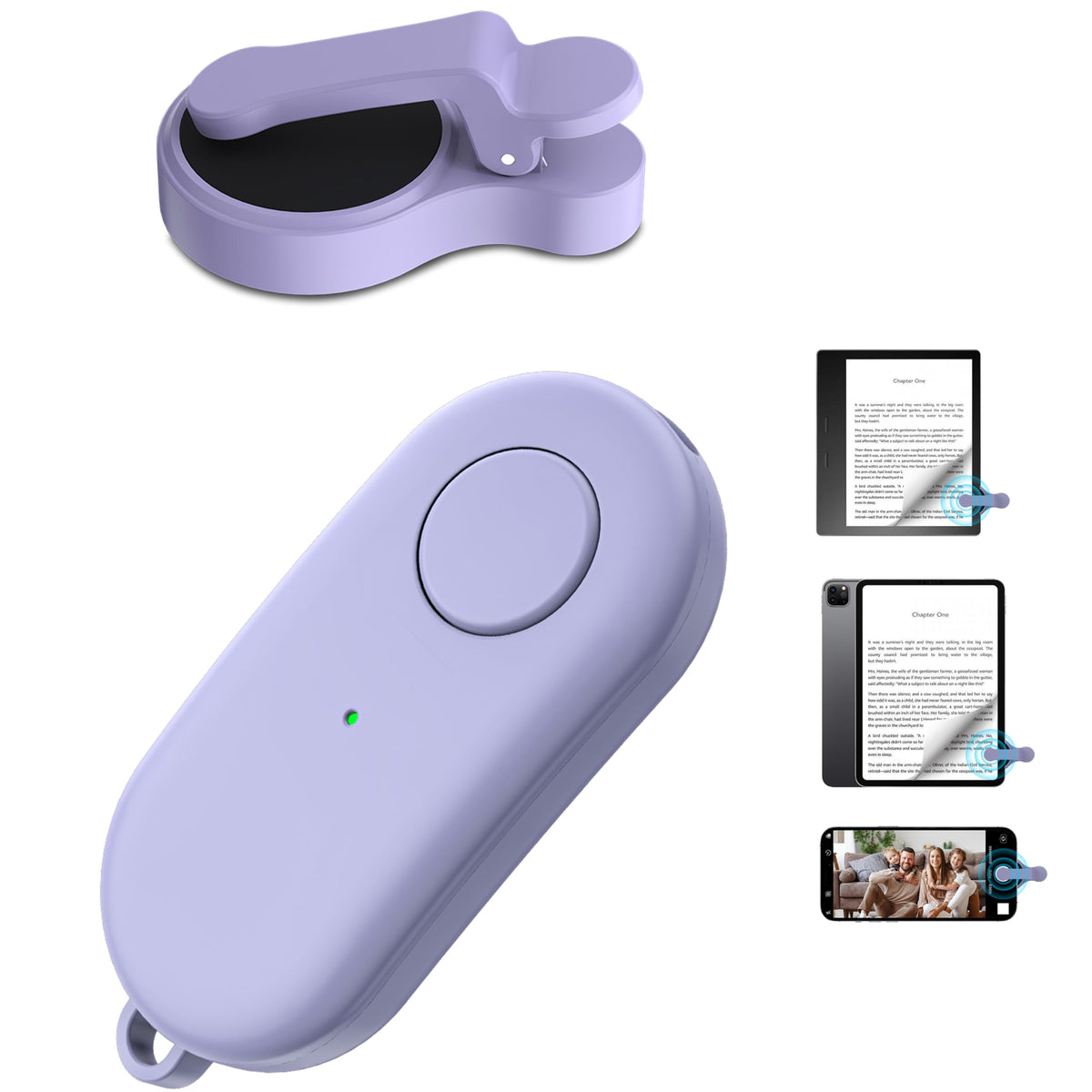 HIGHGO remote page-turner clipped on Kindle for hands-free page turning.