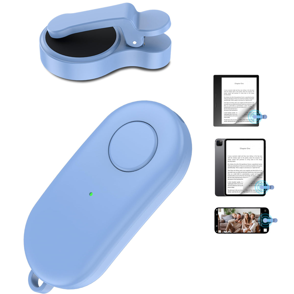 HIGHGO remote page turner on Kindle front view showing compact design for effortless reading