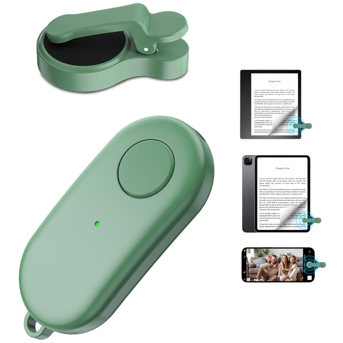 HIGHGO remote page-turner attached to a Kindle for hands-free page turning
