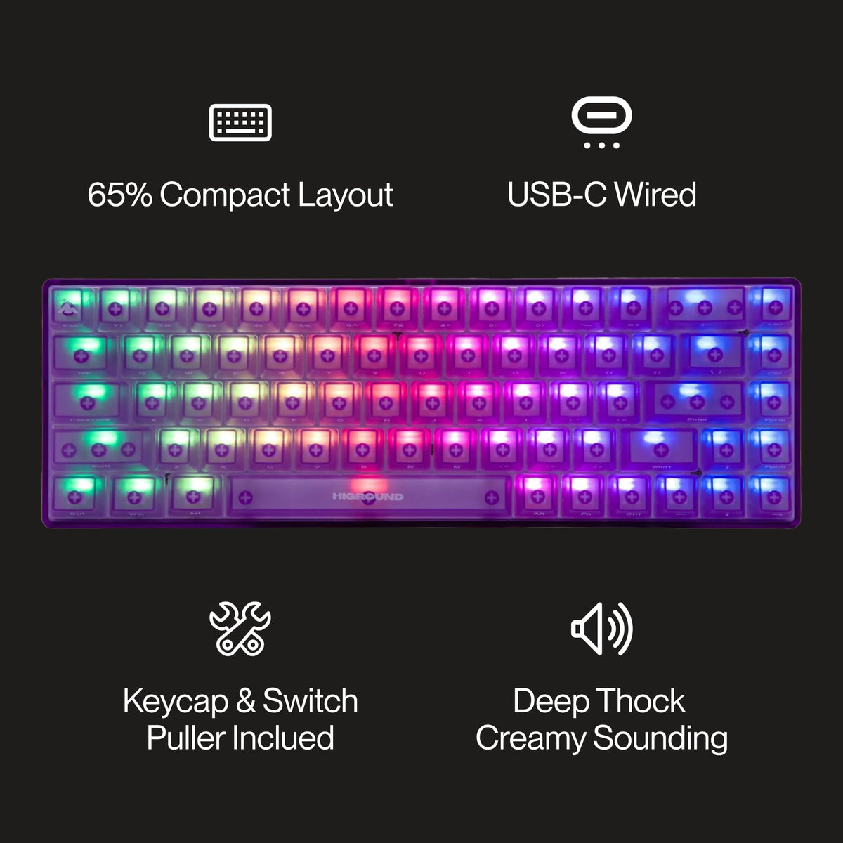 Higround Crystal Amethyst Basecamp hot-swappable switches highlight easy customization without soldering