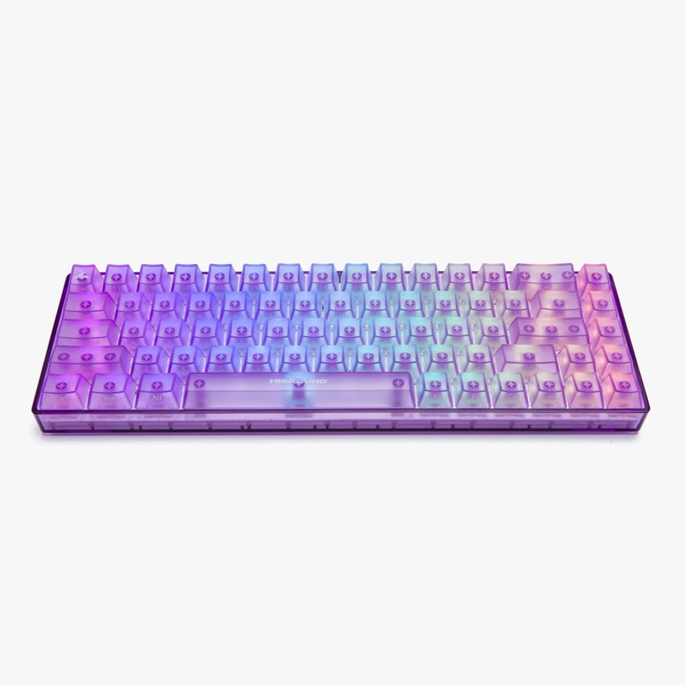 Higround Crystal Amethyst Basecamp keyboard top view shows compact design for clutter-free desk