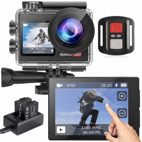 Hiicam action camera front display shows selfie framing and quick mode access.