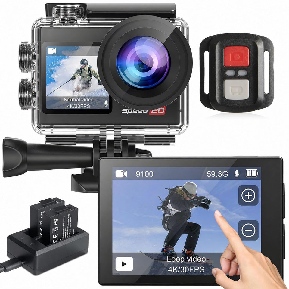 Hiicam action camera front display shows selfie framing and quick mode access.
